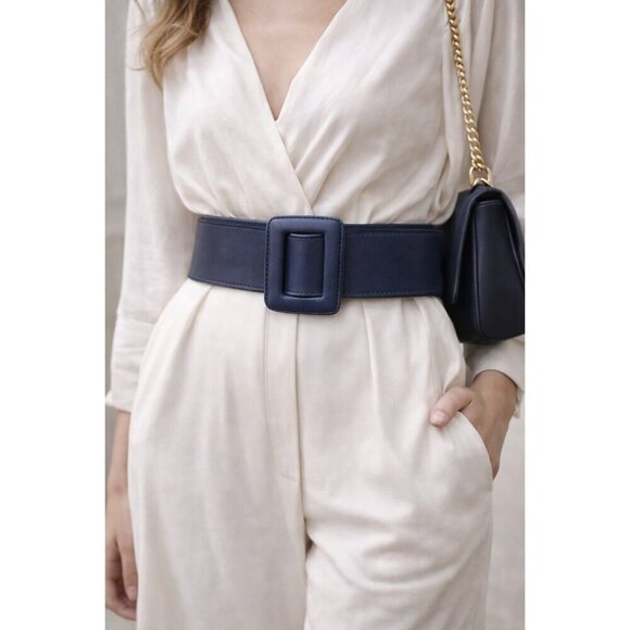 ZAPA Wide Navy Blue Leather Belt Size S Square Buckle 100% Calfskin France main image 7